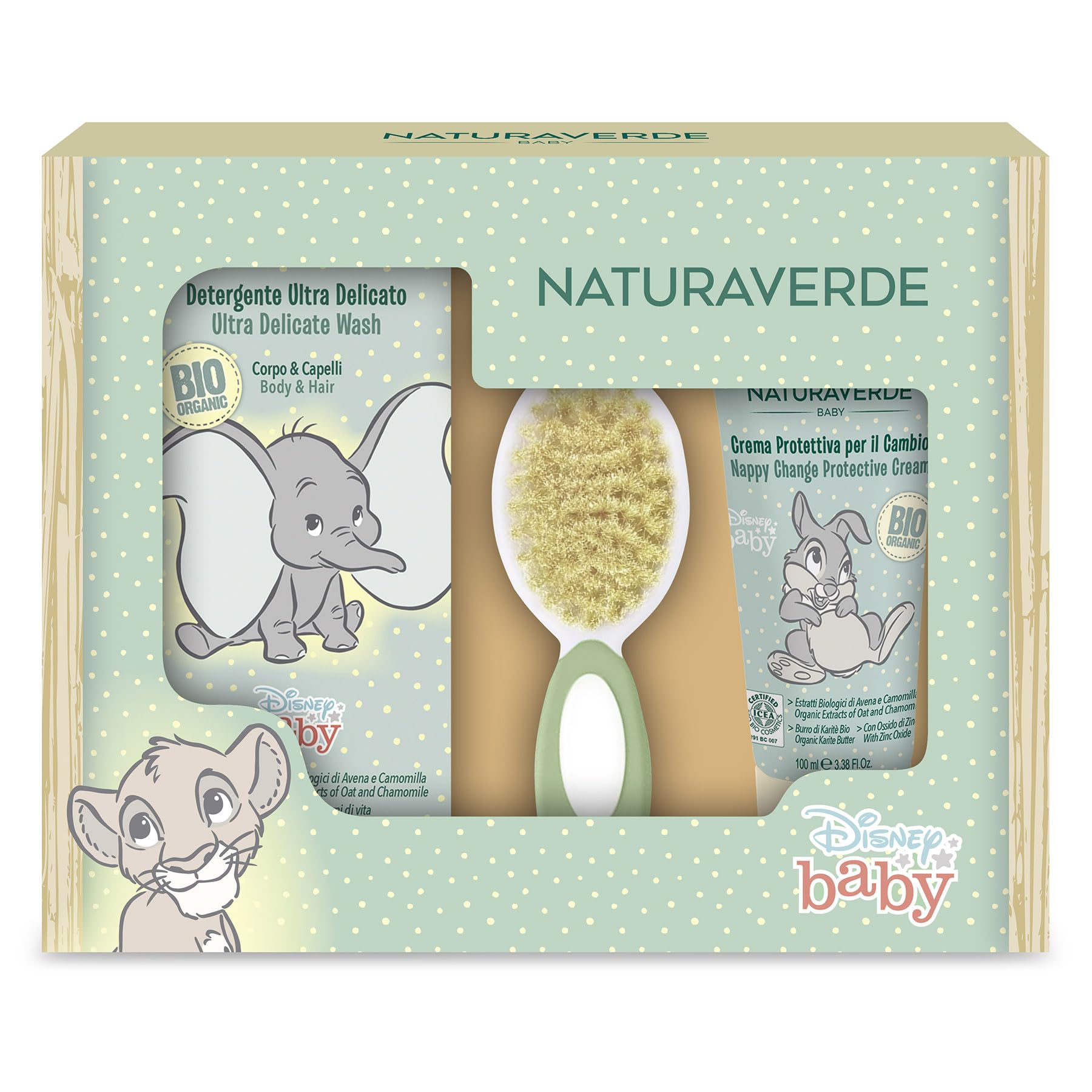 NATURAVERDE BIO BABY | Bio Disney Baby Detergente Delicato C&C 200ml + Crema Protettiva per il Cambio 100ml + Spazzola Capelli - Set Delicato per la Cura dei Più Piccoli