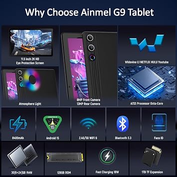 Ainmel 11.5 inch Tablet, Android Tablet, 2K Display (2000x1200 IPS), Octa-Core CPU, 30GB+128GB(TF 1TB), 8400mAh, 13MP+8MP, Widevine L1, Wi-Fi 6, 18W Quick Charge Gaming Streaming Study Tablets Pad