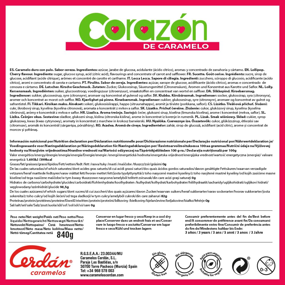 Caramelos Cerdán Piruletas Mini Corazón Sabor Cereza Bolsa 150 Unidades Caramelo Duro sin Gluten