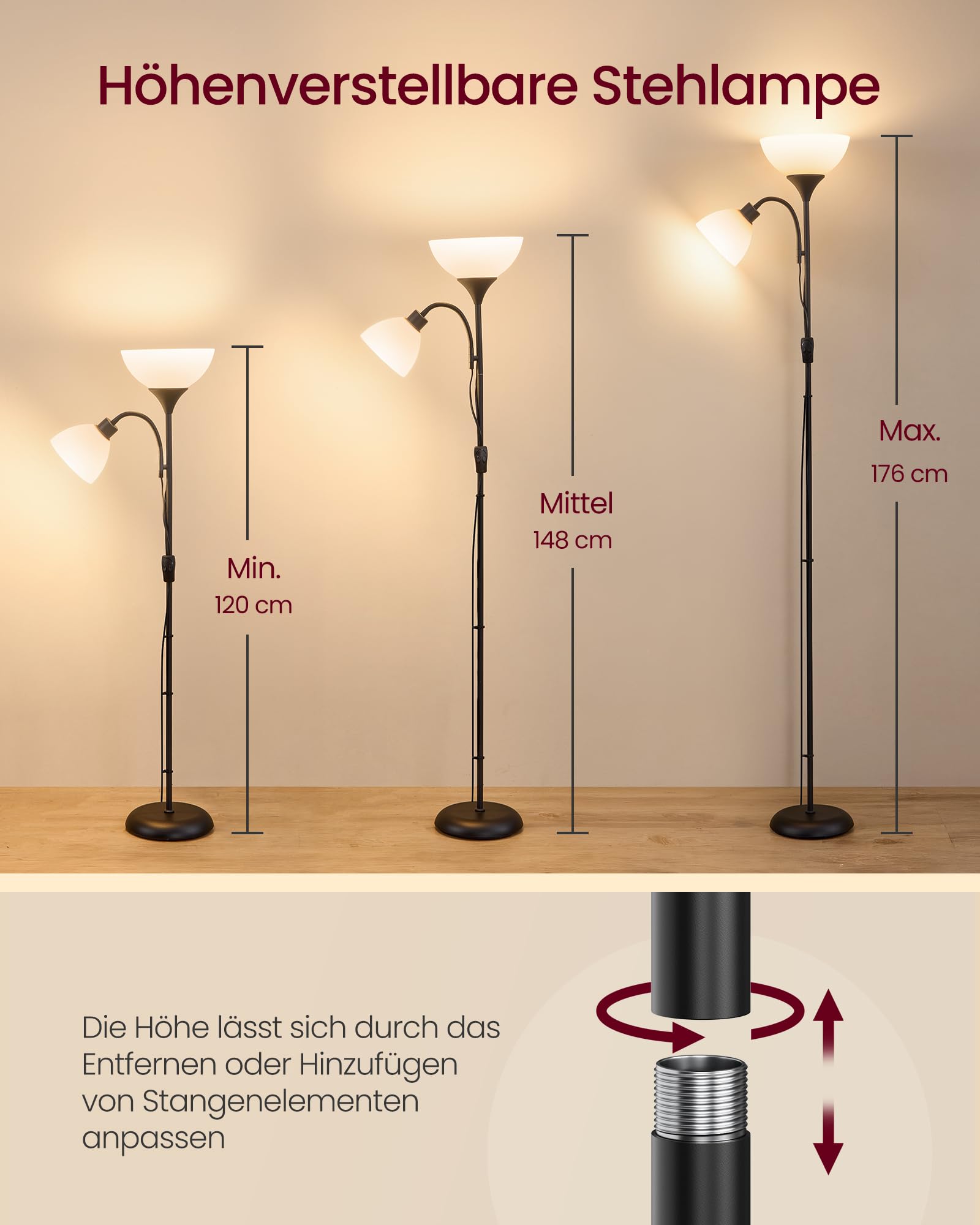 VASAGLE Deckenfluter mit Leselampe, Stehlampe 176 cm Standleuchte für E27 LED-Leuchtmittel geeignet mit verstellbarem Lesearm, Stehleuchte für Wohnzimmer, schlafzimmer, Büro, Mattschwarz, LFL019B102
