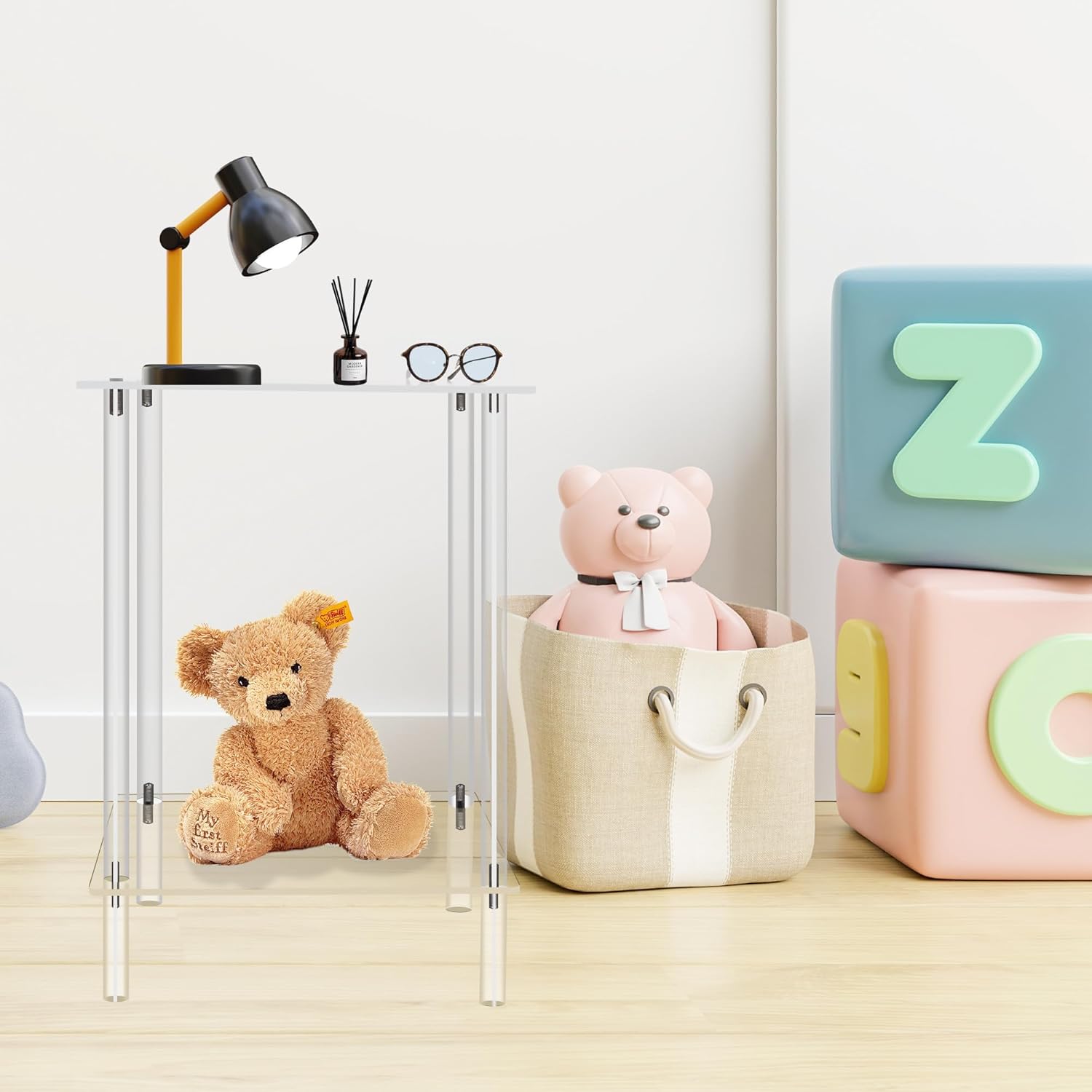 Jusalpha 2-Tier Heavy Duty Acrylic End Tables, Small Nightstand/Side Table for Living Room, Bedroom, Home Accent Side Table, 14''x 11.5''x 19.6''