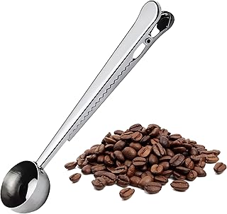 Coffee Bean Measuring Spoon with Bag Clip | Stainless Steel Coffee Scoop with Built-in Bag Sealer (Silver)
