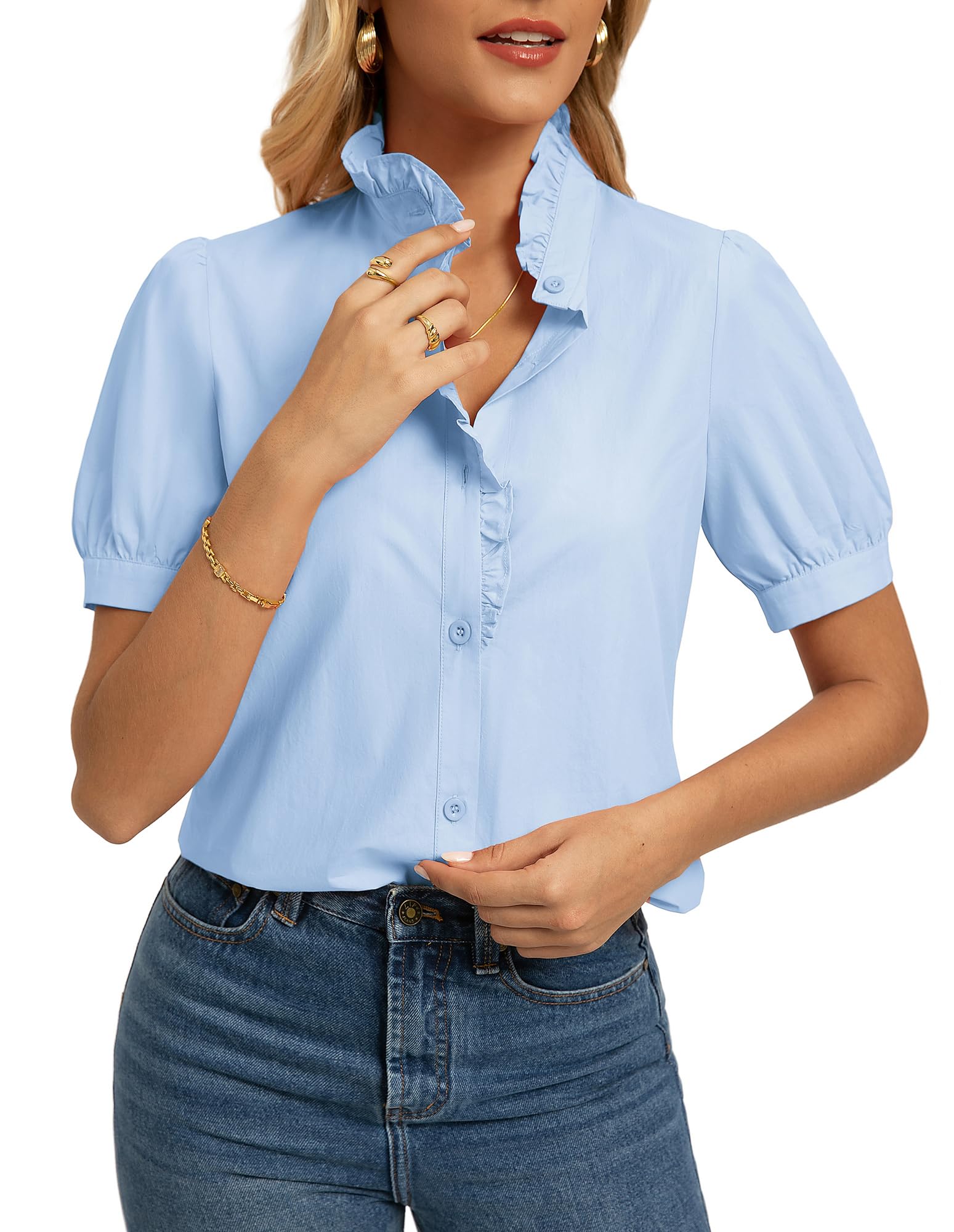 GRACE KARIN Damen Baumwolle Knopf Shirt Elegante Rüschen Stehkragen Oberteil Vintage Kurze Puffärmel Bluse Sommer Business Outfit