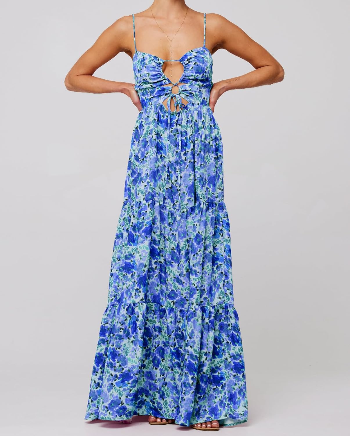 Summer Floral Sundress for Women Spaghetti Straps Hollow Out Tie Front Maxi Dress Flowy Smocked Bohemia Dress - Image 3