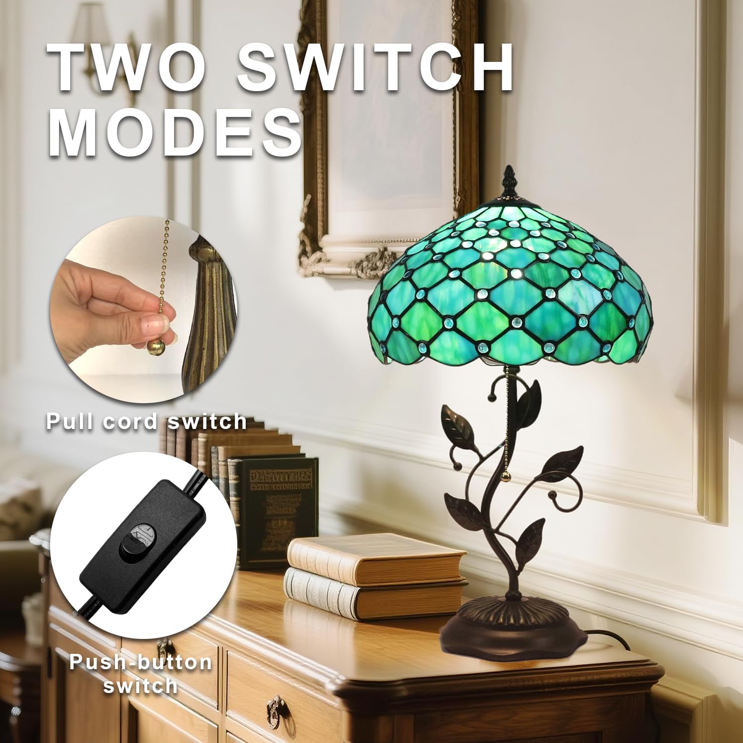 Tiffany Table Lamp, Stained Glass Lamp, 12x12x19 Inch, Metal Leaf Base Decor Lamp for Bedroom、Living Room、Home、Office(Sea Blue Pearl Style)