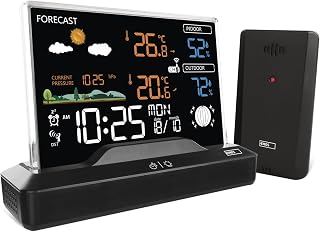 EMOS - rahmenlose Funk-Wetterstation mit Außensensor - Thermometer, Hygrometer, Barometer, Wettervorhersage, Memory - Funkuhr mit Wecker, Kalender - duale Stromversorgung (Netzteil/Batterie)