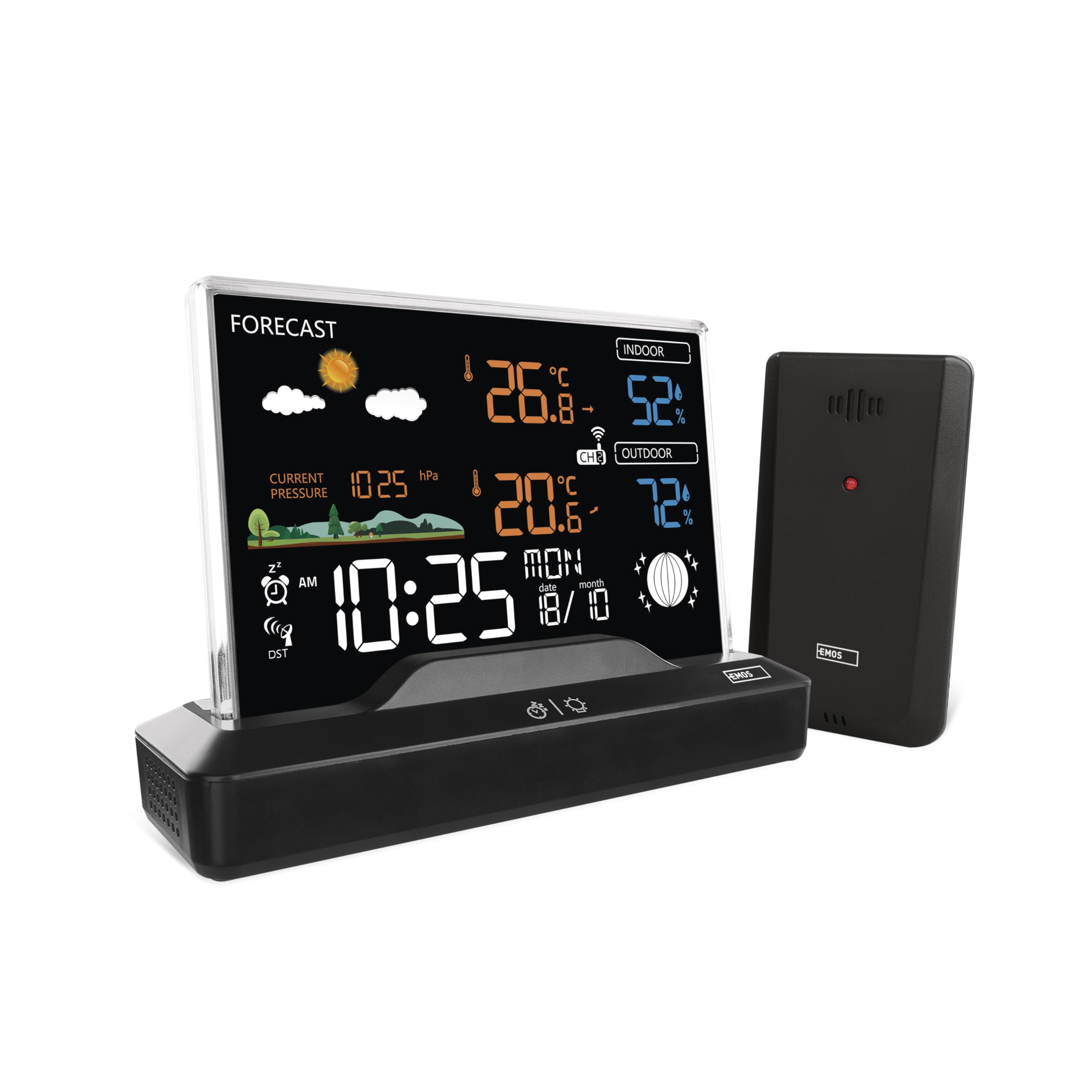 EMOS - rahmenlose Funk-Wetterstation mit Außensensor - Thermometer, Hygrometer, Barometer, Wettervorhersage, Memory - Funkuhr mit Wecker, Kalender - duale Stromversorgung (Netzteil/Batterie)