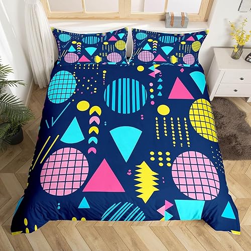 Miniatura 19 de Memphis - Juego de funda de edredón – Ropa de cama vintage amarillo púrpura con patrón de estilo retro, formas geométricas, ilustraciones