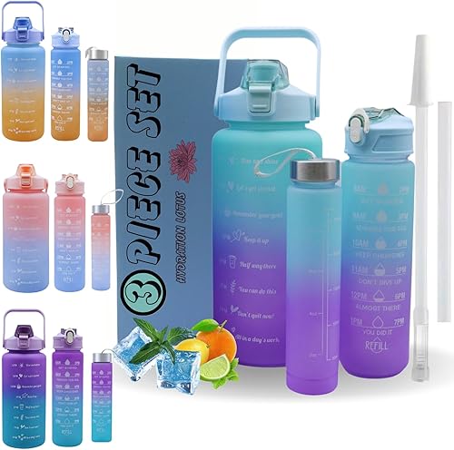 Juego de 3 botellas de agua grandes de un galón con pajilla, fabricante de tiempo motivacional y correa de medio galón, botellas de agua pequeñas
