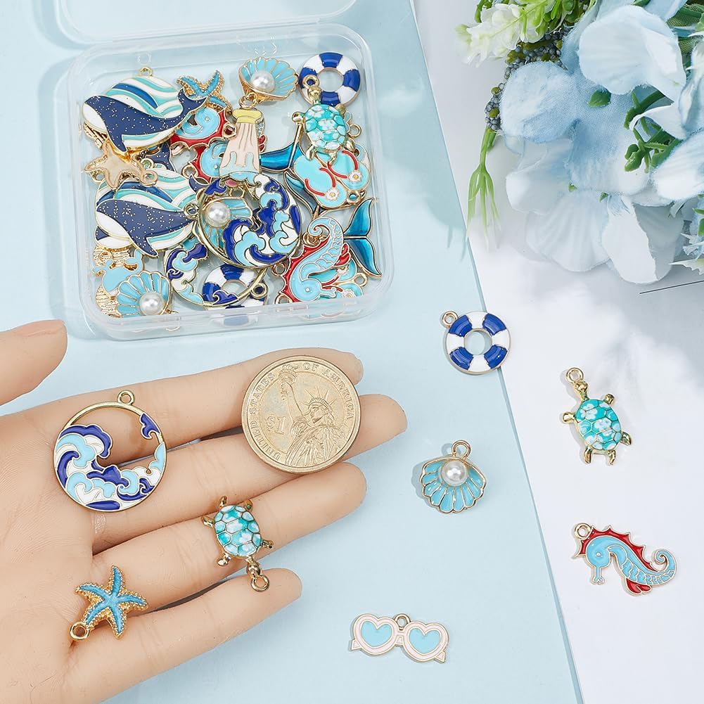 1 Box 48Pcs 12 Styles Sea Turtle Charm Ocean Beach Charms Bulk Alloy Enamel Fishtail Starfish Seashell Ocean Animal Marine Pendants for Jewelry Making Necklace Earring Bracelets DIY Crafting - Image 3