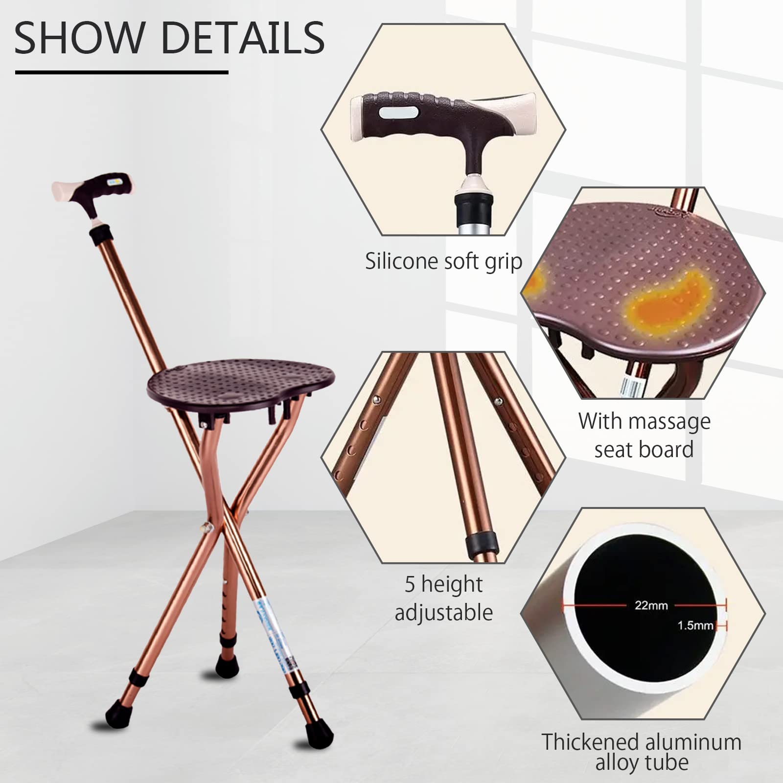 Yayayo Walking Cane with Seat Aluminum Alloy Portable LED Floding Chair for Seniors Adult Height Adjustable Heavy Stick Stool for Elderly Gift