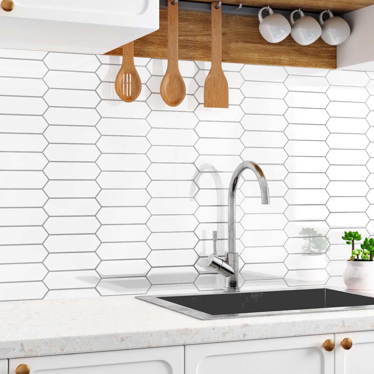 10 PSC White Peel and Stick Kitchen Backsplash Self Adhesive Long Hexagon Wall Tiles Waterproof Subway Peel and Stick Tile Renter Friendly Backsplash PVC Glossy Wall Sticker for Bathroom 12 x 12 inch