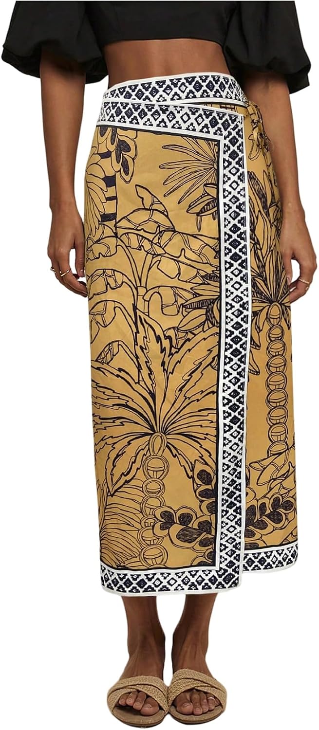 MakeMeChic Women's Boho Midi Skirts Floral Pencil Tie Side Wrap Skirt