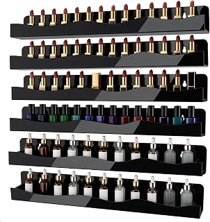 Nail Polish Wall Rack, 6-Shelf 15-Inch Black Acrylic Nail Polish Shelves with Removable Ends – Multi-Purpose Shelf for Essential Oils, Cosmetics Storage and Display for Salons and Bathrooms