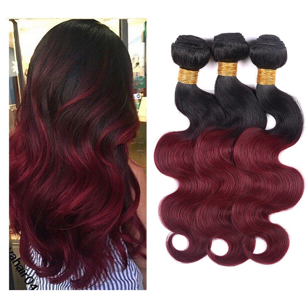 VK 3 Bundles 22" Ombre Brazilian Virgin Hair Weave 1B/99J with 1 piece 16" lace closure (4 * 4) - body wave- 100% Human Hair Weft