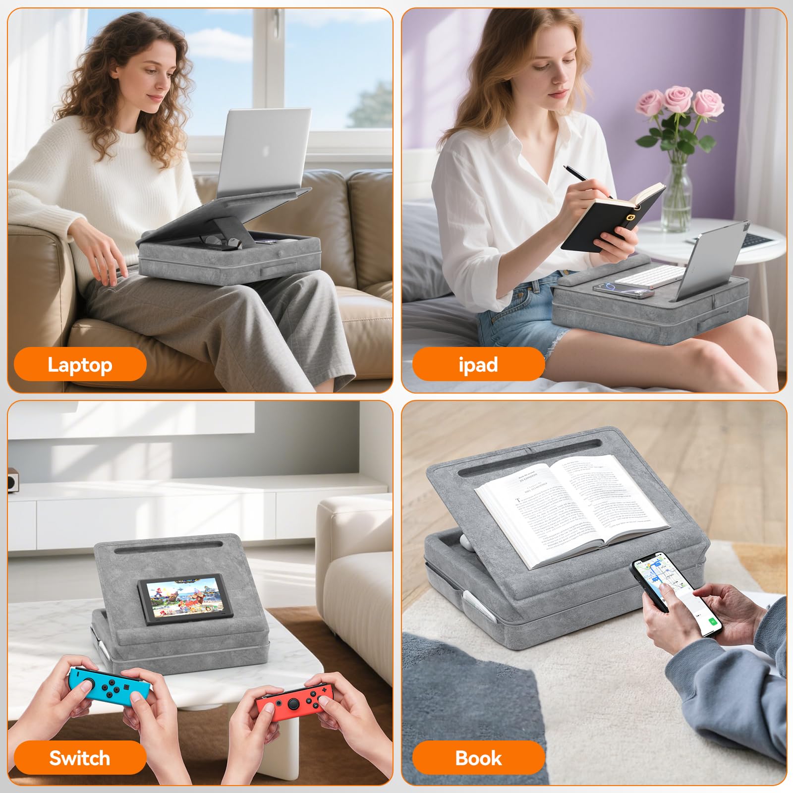 KDD Supporto PC Portatile Cuscino, Laptop Stand da Letto con Contenitore, Supporto Regolabile per Laptop con Fascia Antiscivolo & Spazio per Tablet Casa Ufficio Dormitorio