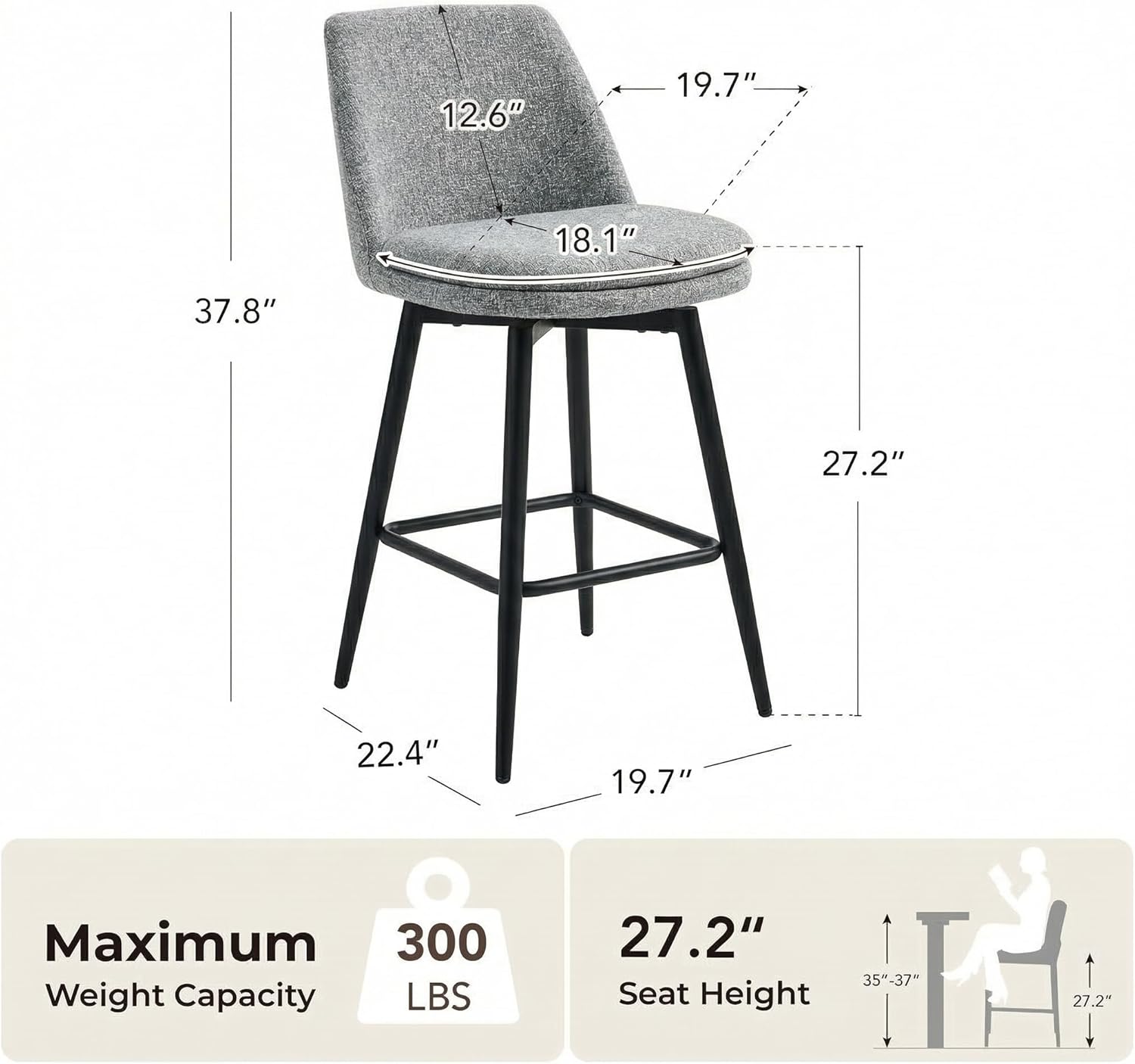 CHITA Swivel Bar Stools, 27.2" Counter Height Bar Stools Set of 3, FSC Certified Upholstered Modern Counter Stools, Metal Legs, Fabric, Grey (Multi-Colored)