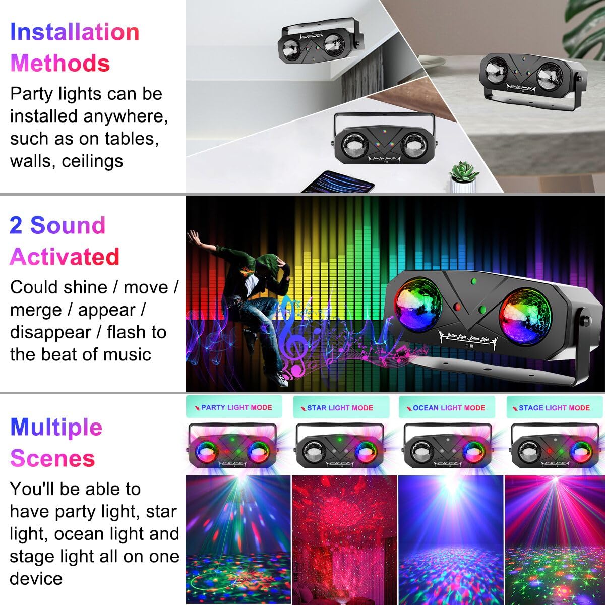 Disco Lights,Party Lights Sound Activated with Roating Disco Ball,Star Projection,Ocean Light,3 Lens Light Pattern Show for Party DJ KTV Club Christmas Festival Gifts - Image 4