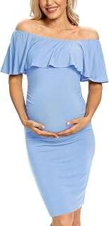 Ruffle Off Shoulder Fitted Maternity Dress, Floral Ruched Side Bodycon Formal Pregnancy Dress for Baby Shower/Photography Price In India