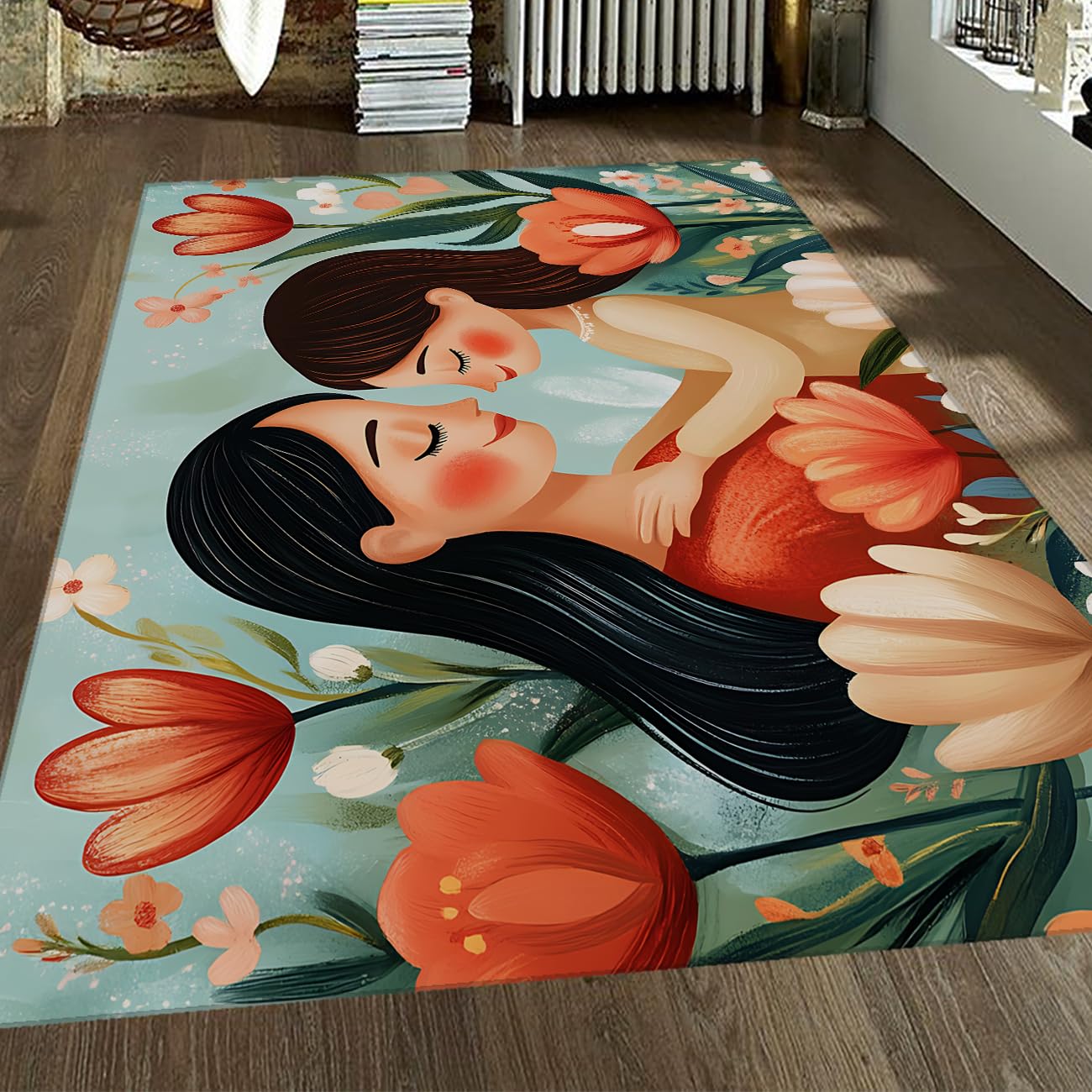 Dywan 160 x 200 cm macierzyństwo uściski między mamą i córką Obszar kwiatowy tulipan maszyna zmywalna mata antypoślizgowa dla noworodka duża cienka odporna na plamy