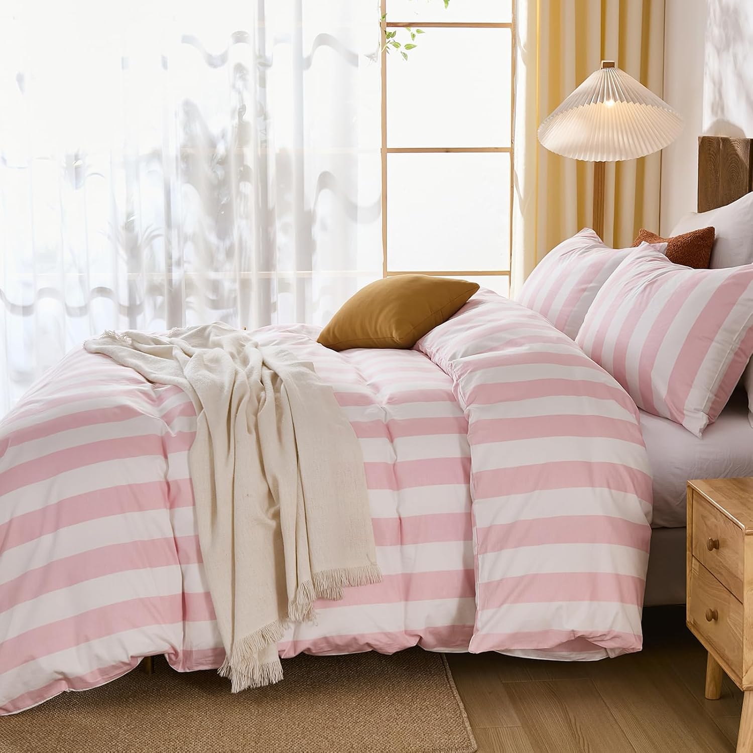 Merryword Pink and White Striped Duvet Cover Set Queen Size, 100% Cotton Bedding Set with Zipper Closure & 8 Corner Ties, Luxury Linen Like Bedding, Soft Breathable Comforter Cover for All Seasons