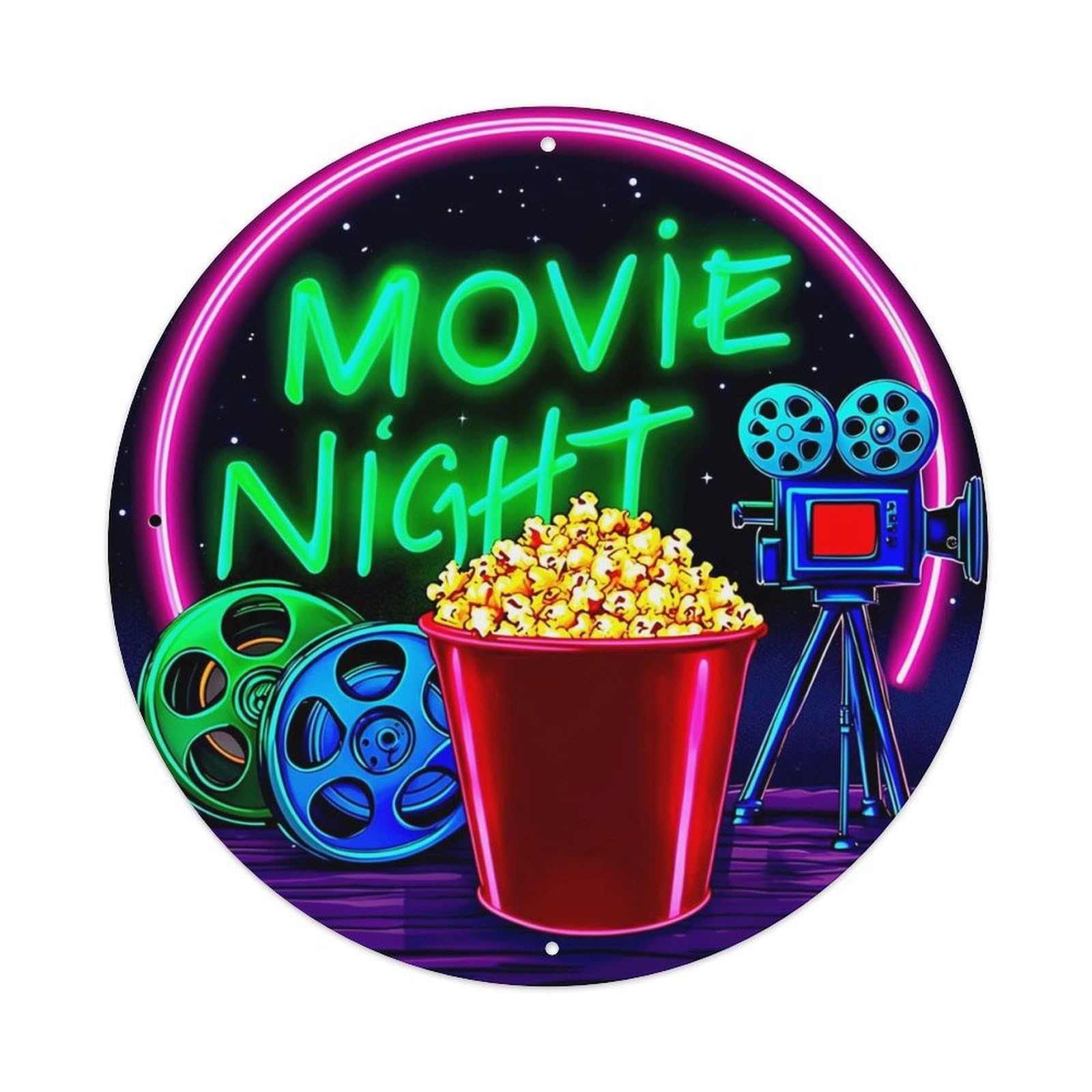 Movie Night Popcorn Camera Reels Vintage Round Tin Sign Retro Metal Wall Decor Metal Poster, Home Bar Garage Cafe Wall Art Decoration 8x8Inches