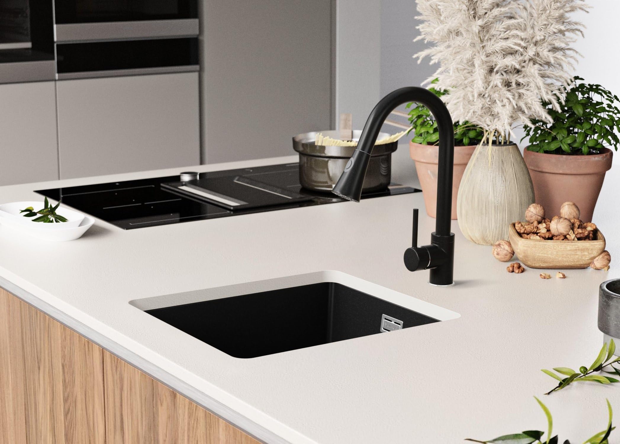 PRIMAGRAN Evier Sous Plan Tout Noir 41x47cm, Evier en Granit 1 bac + Kit de Vidage, Évier au Meuble 45cm - London S123