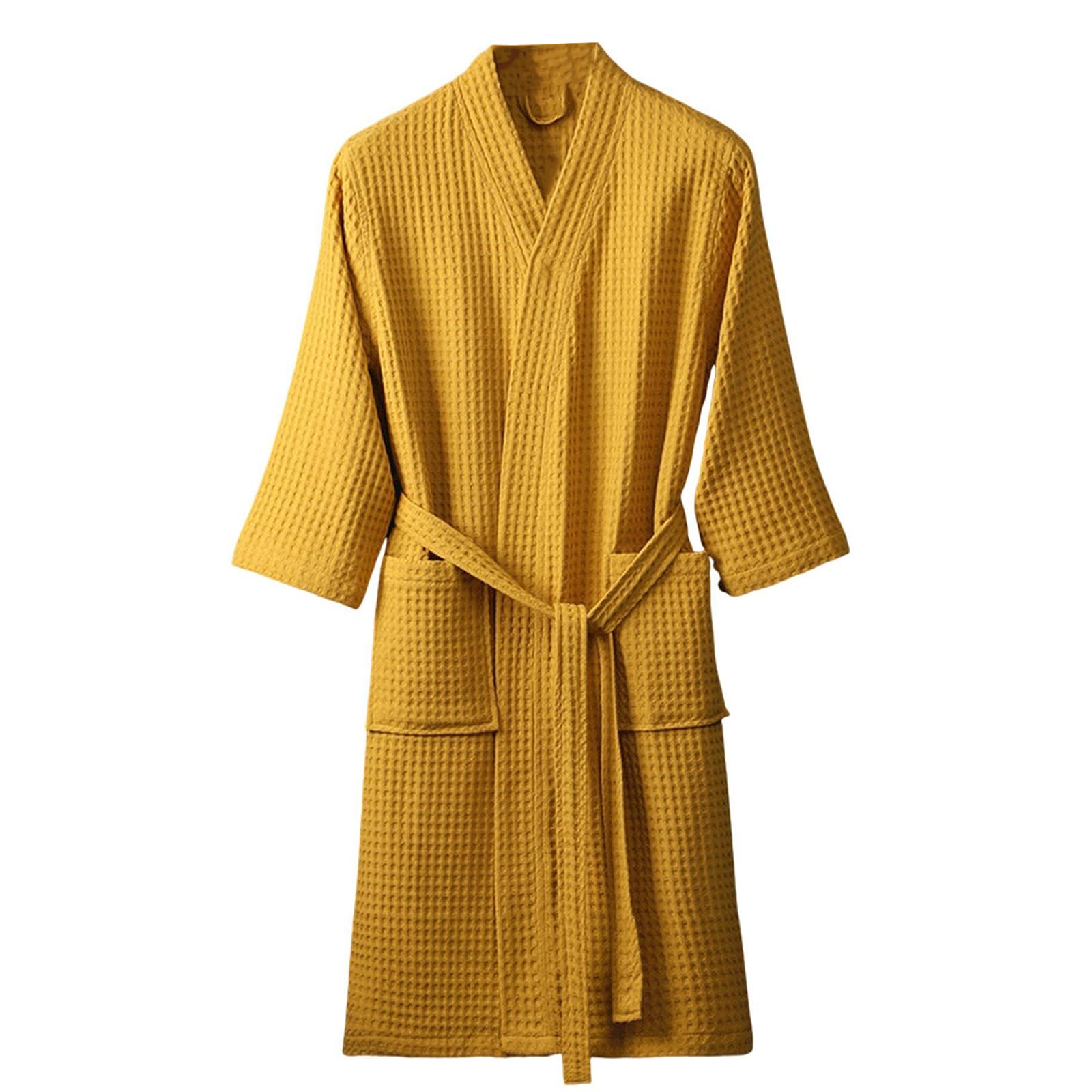 HGKPFGTG Men & Women Long Sleeve Kimono Bathrobe Lightweight Waffle Absorbent Spa Robe with Belt and Pockets,Yellow,M
