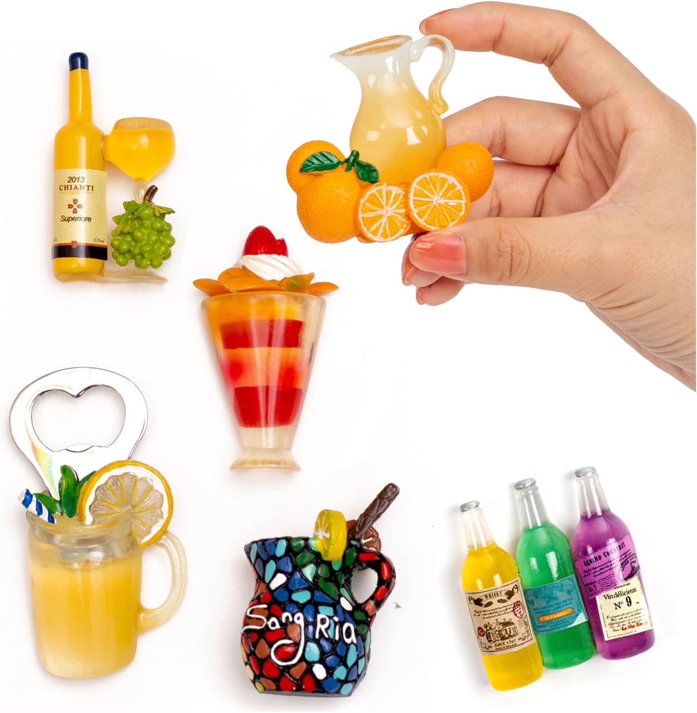 Cute Fruit Juice Fridge Magnets 3D Resin Magnet Refrigerator Stickers Champagne Bottle Opener Juice Cup Wine Glass for Refrigerators, Whiteboards, Maps and Other Magnetic Items 6-Pack