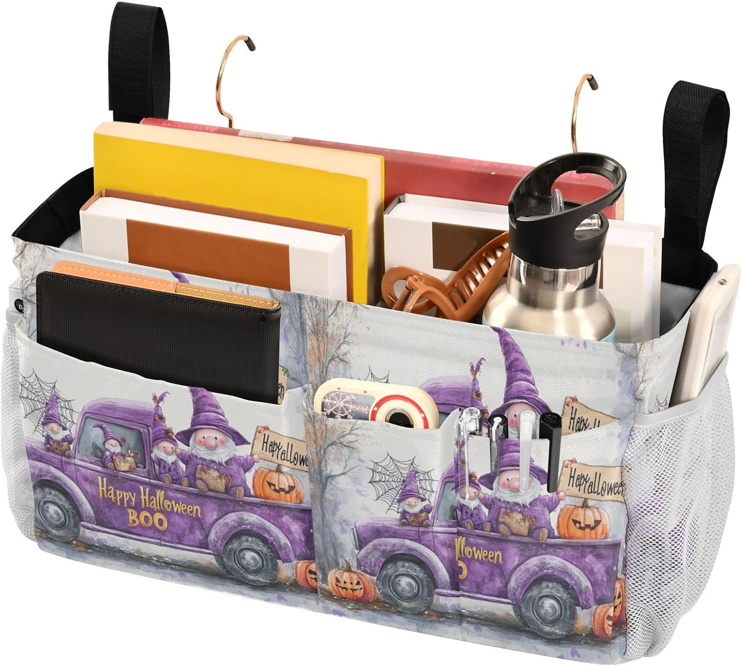 YETTASBIN Halloween Gnome Bedside Caddy Hanging Storage Organizer Bag with 2 Straps & Hooks for Bunk Beds, College Dorm, Hospital Bed - Holder for Books, Phone, Magazine, Glasses, Keys