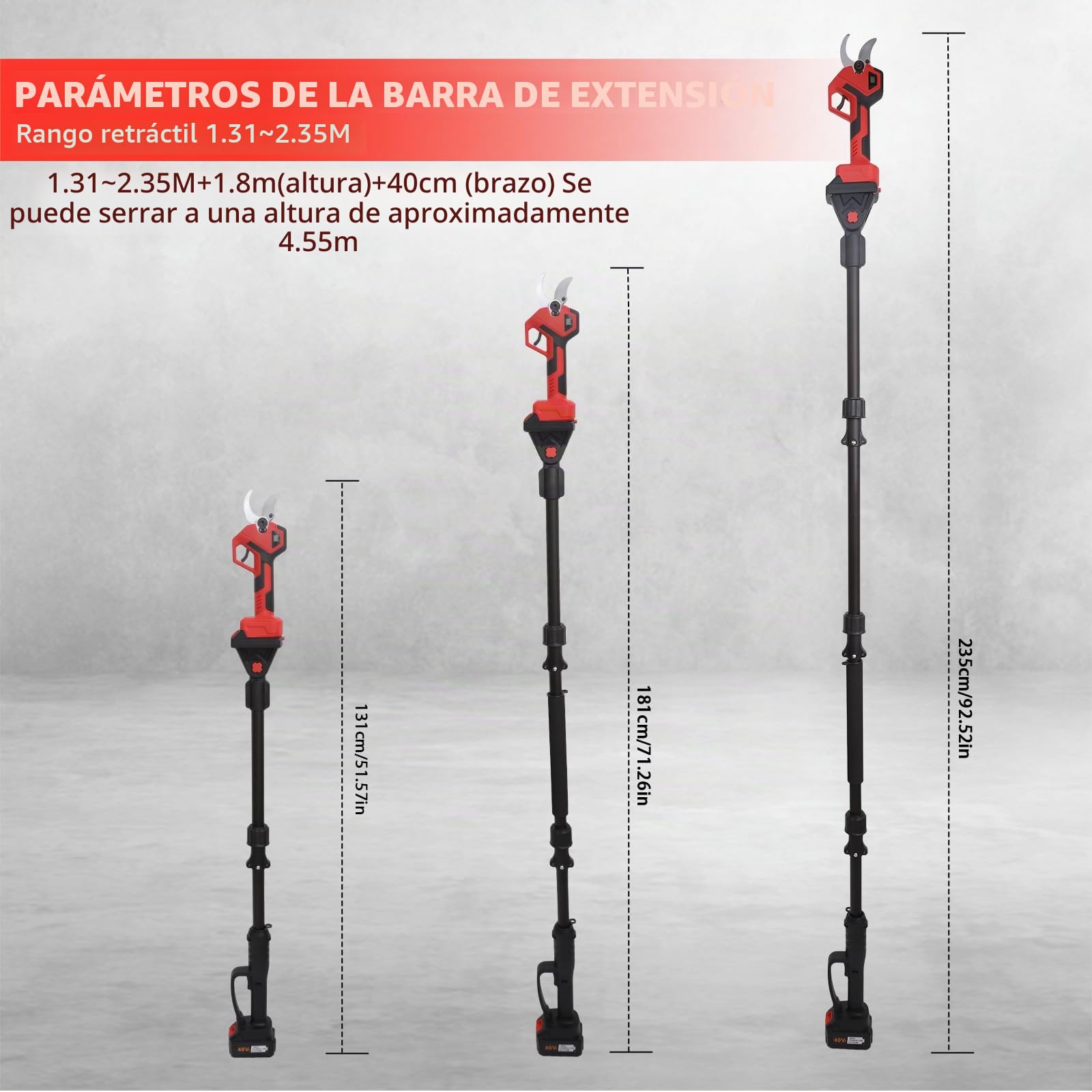 Motosierra Telescópica de 8 Pulgadas & Tijeras de Podar Eléctricas de 40 mm, Herramientas de Jardín 4 en 1,con 2 Baterías, ángulo Ajustable a 180°, Altura de Trabajo de Hasta 4,5 m.