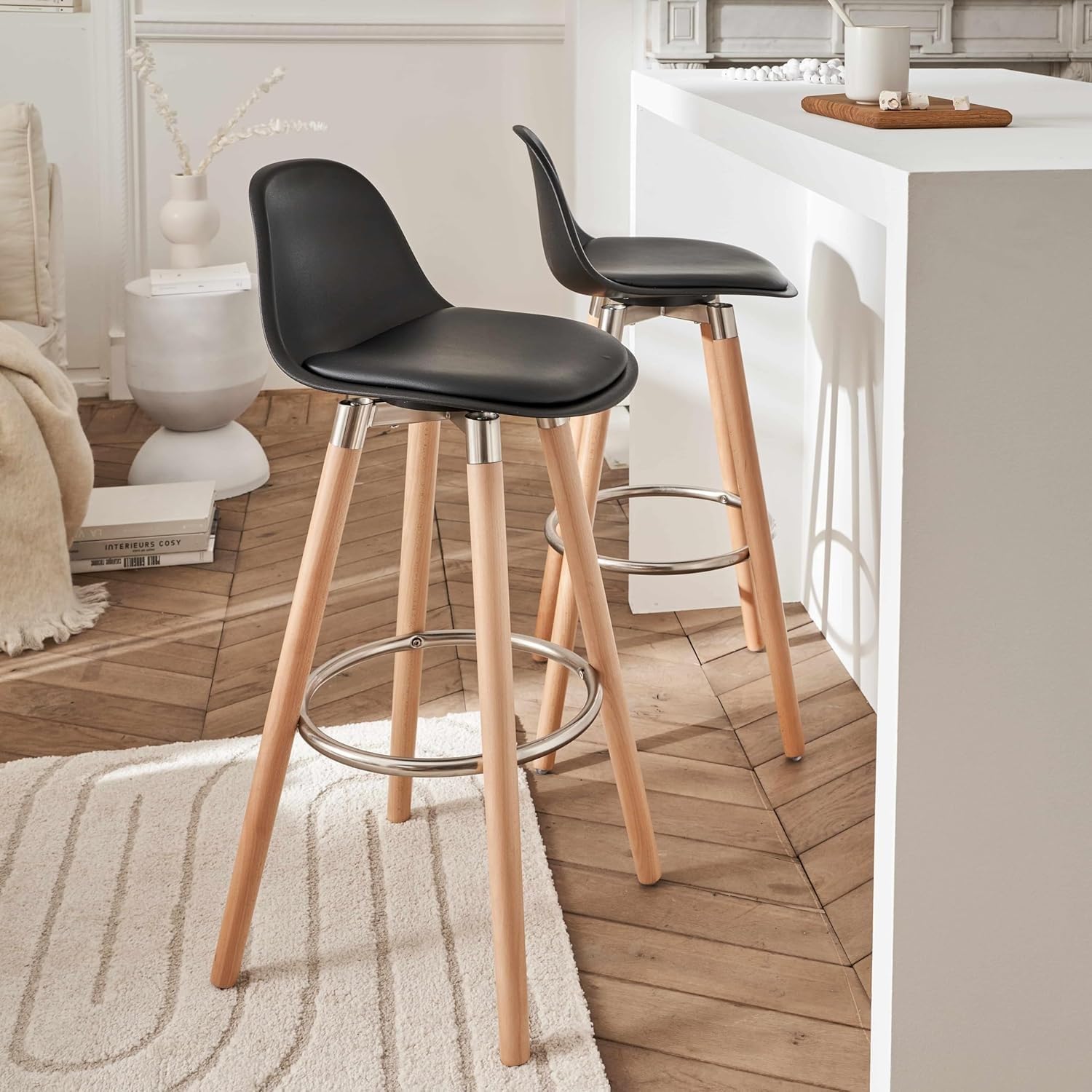 Box and Beyond Juego de 4 Taburetes de Bar de Madera, Silla Alta para Bar, Silla de Cocina - Altura 91 cm - Taburete Negro con Reposapiés