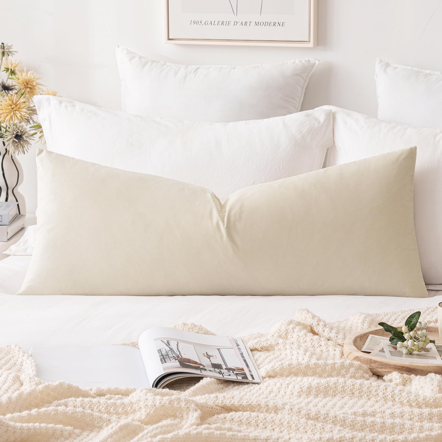 Photo 1 of [Zipper doesn't work] MIULEE 14x36 Inch Lumbar Long Velvet Pillow Cover Set of 1 Cream White