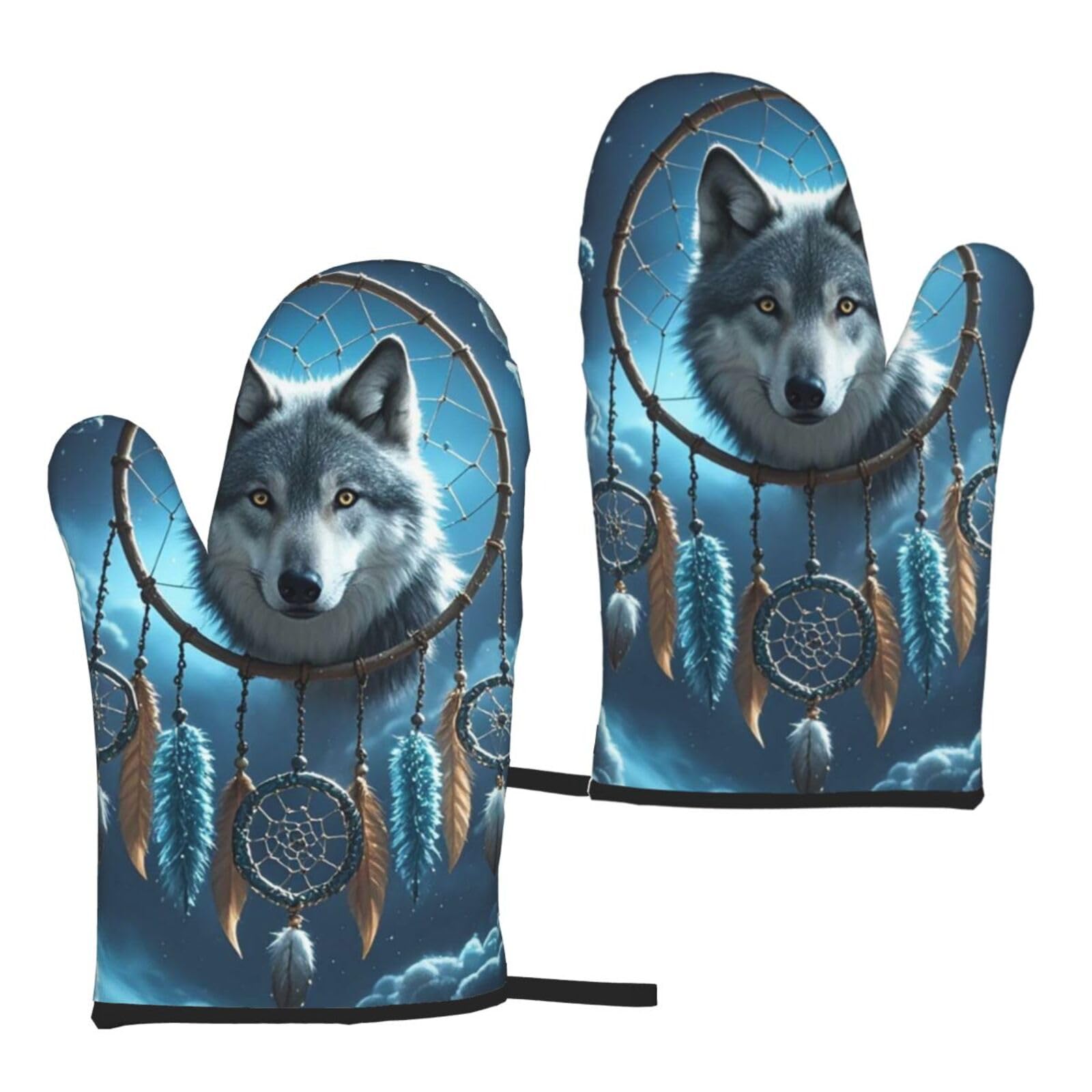 Paqolsmckr 3D Wolf Dream Catcher Oven Mitts Set Of 2 Non-Slip Oven Gloves For Kitchen Oven Mitt Heat Resistant Oven Glove For Cooking Microwave Baking Bbq
