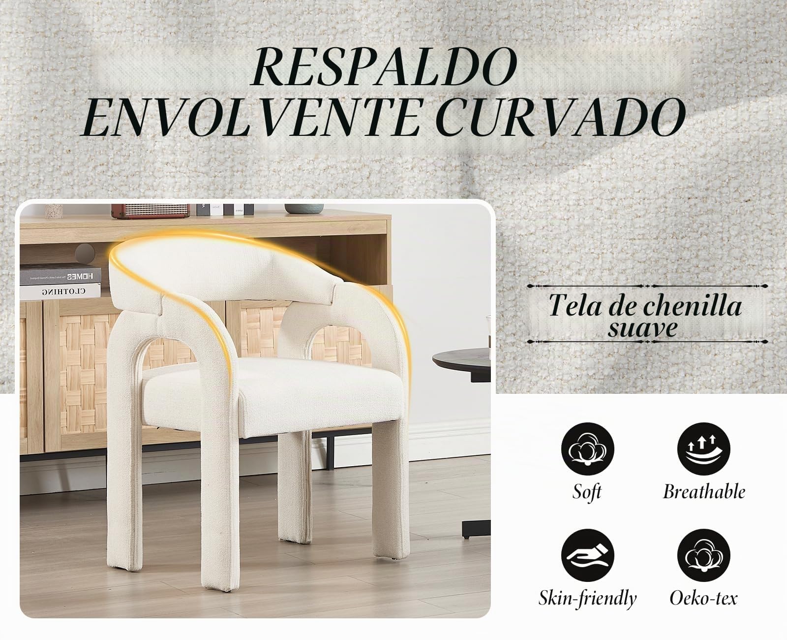 Ya-Home Juego de 2 Silla de Comedor de Chenilla con Brazos,Blanco | Silla Cocina Cheniile, Respaldo, Brazosm, Cojín Suave, Para Hogar/Restaurante