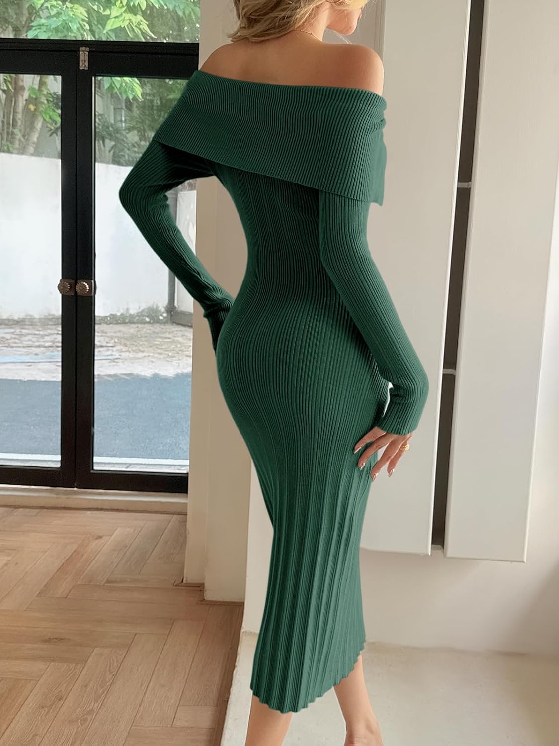 Saodimallsu Womens Off The Shoulder Sweater Dress Long Sleeve Bodycon Ribbed Knit Cocktail Party Formal Midi Dresses - Image 5