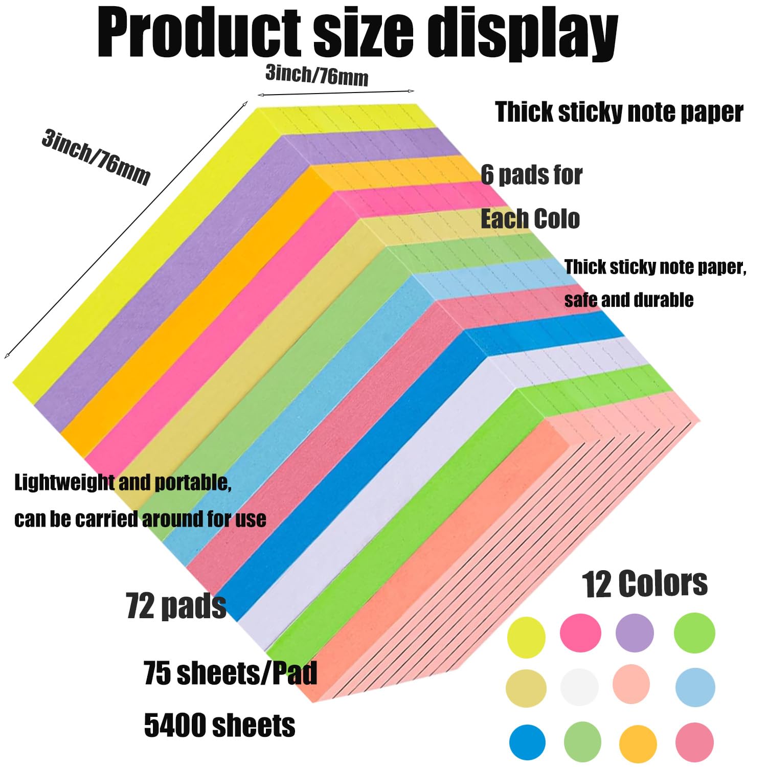5400 Blätter Haftnotizen,Liniierte Haftnotizblöcke,Selbstklebende Klebezettel 76 x 76 mm,72 pads Helle Haftnotizzettel Bunte Quadratische Sticky Notes für Büro Zuhause Schule,12 Farben,75 Blätter/Pad