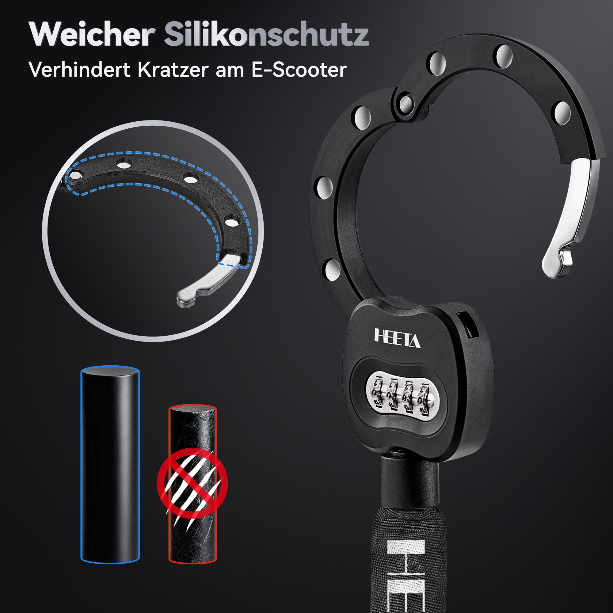HEETA E Scooter Schloss Zahlenschloss mit Tasche, 8mm Fahrradschloss Hohe Sicherheit, e Roller Schloss Handschellenschloss, Kettenschloss Fahrrad Zubehör Bike Lock für E-Scooter Fahrräder Motorrad