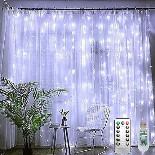 PUHONG - Cadena de luces para cortina, 300 luces LED de hadas con 8 modos de luz, 2.99x2.99 m, control remoto, luces de hadas enchufables para