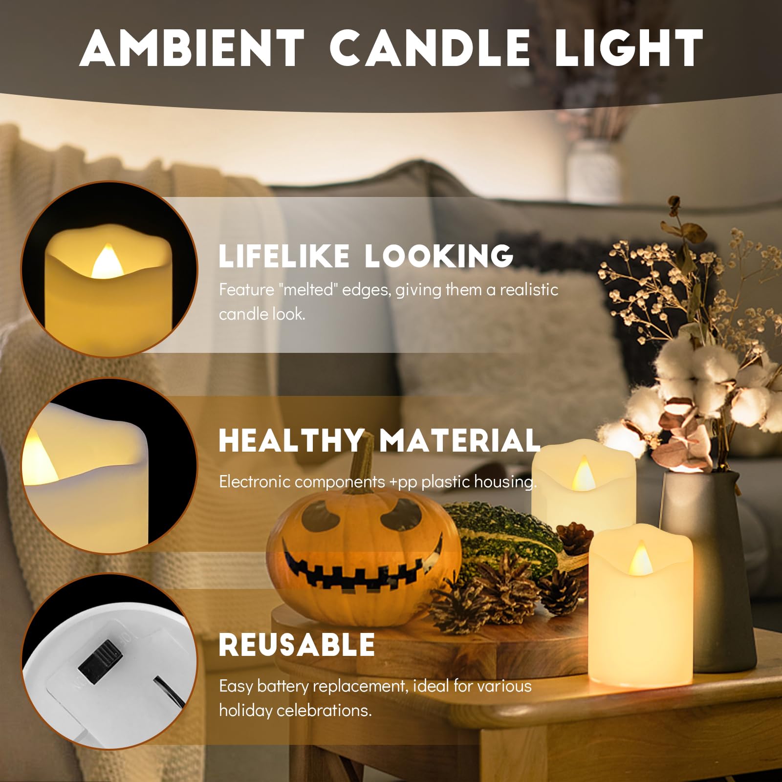 CNMTCCO Candele a LED, 24Pcs Candele a LED Senza Fiamma, Lumini LED, Luce Calda Senza Fiamme con Batterie per Decorazione di Casa,Matrimoni Partito, Halloween, Natale (bianco caldo, 5 x 4.7 CM)