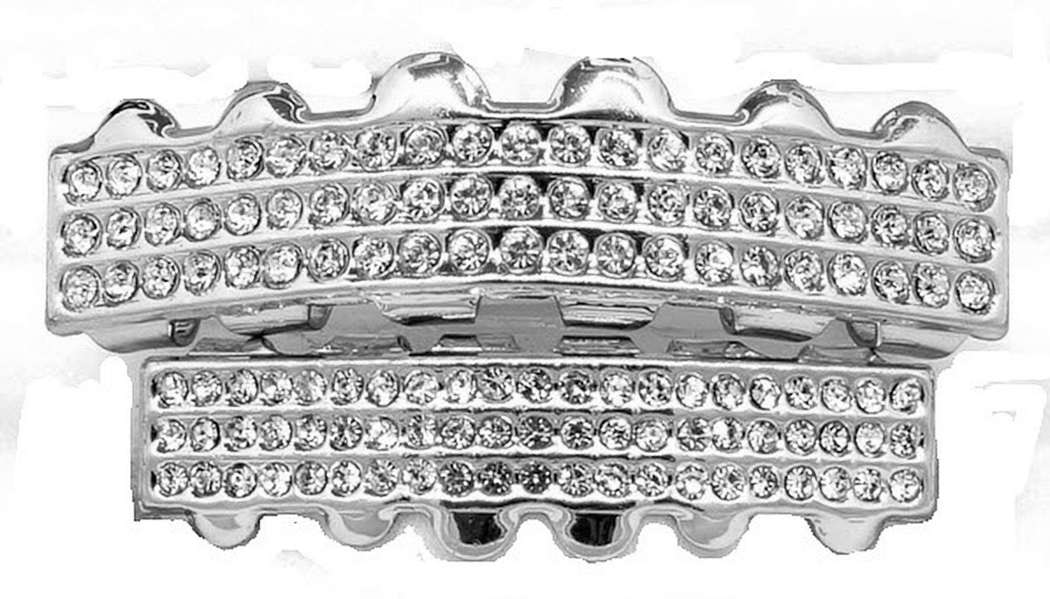 Silver Lab-Diamond Teeth Metal Grillz for Halloween Joker Costume, Professional Studio Set, + at-Home Molding Kit