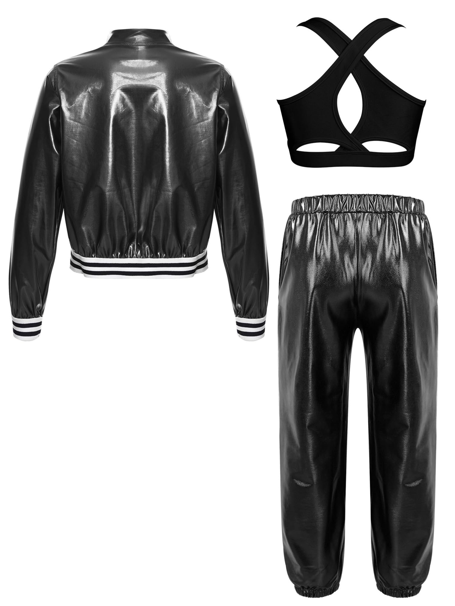 Aislor Tuta da Ginnastica Bambina Metallico Lucido Bomber Giacca da Baseball + Pantaloni Lunghi + Reggiseno a Crossback Completi da Danza Moterna Jazz Hip Hop