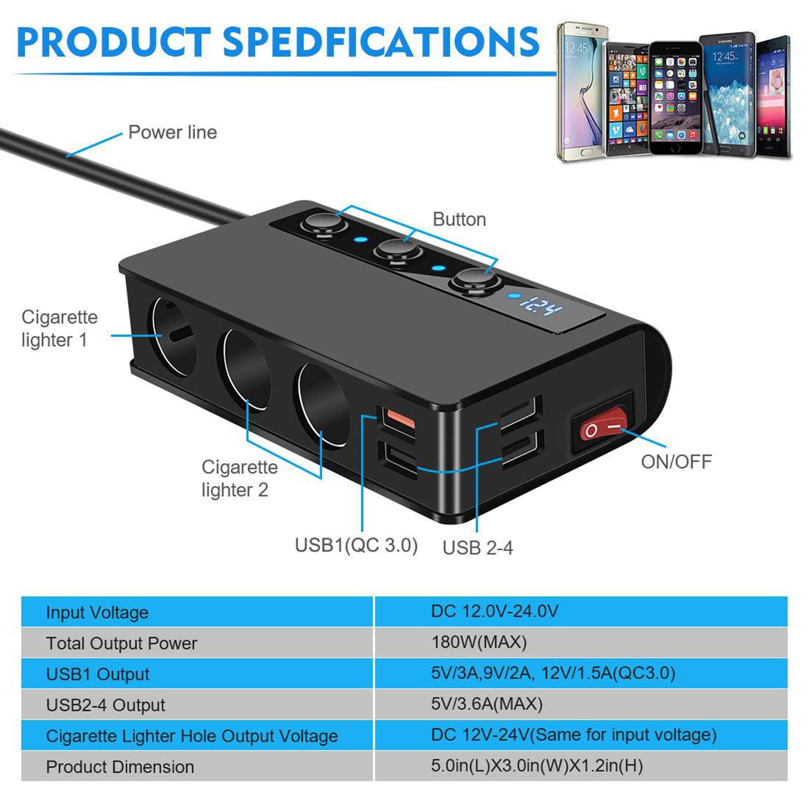 Auto Ladegerät Zigarettenanzünder Sockel Splitter 180W Zigarettenanzünder Adapter mit 4 USB Ports Separate Schalter Spannungsanzeige QC3.0 Schnellladung Für Telefon Tablets Dash Cam