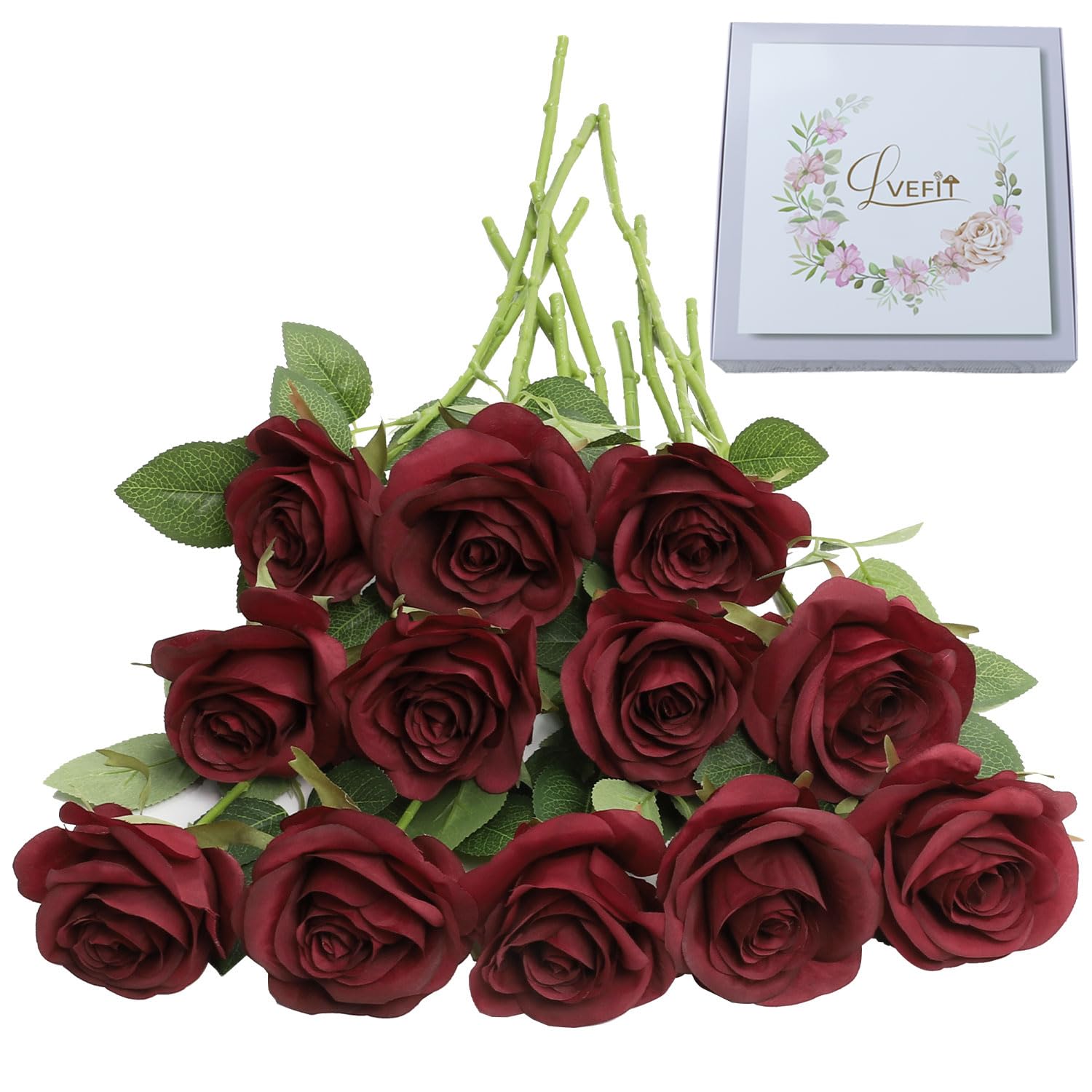 LVEFIT Artificial Rose Flower Artificial Flowers Flower with Long Stem Silk Roses Bouquet for Wedding Bridal Shower Party Home Decoration (Burgundy,