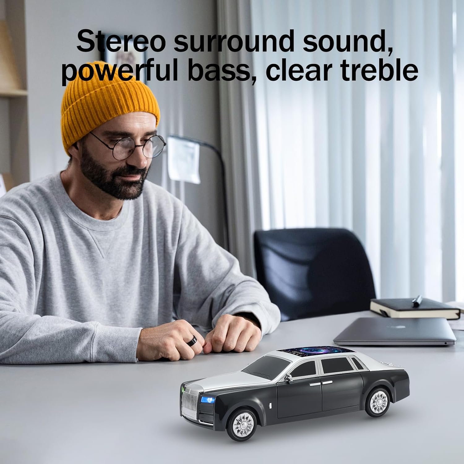 WS-610 Luxury Sedan Replica Bluetooth Speaker – LED Starry Sky Screen Display, HD Sound, TWS Stereo,FM Radio, USB/TF Playback, Built-in Microphone, Portable Wireless Gift for Car Enthusiasts (Black)