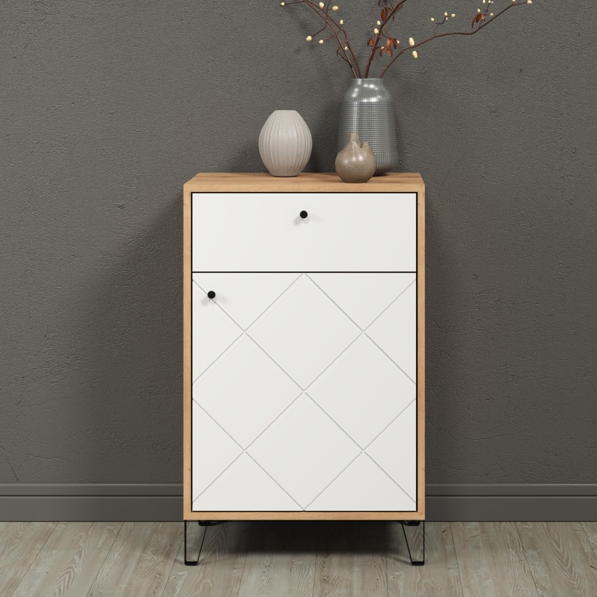 trendteam smart living - Touch - Kommode - Eiche/Weiß - Garderobenkommode mit moderner Rautenfräsung - Soft-Close - (BxHxT) 63 x 96 x 40 cm - Flurschrank mit Vollauszug-Schubladen