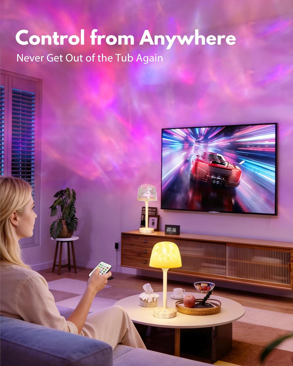 Shower Lamp - Waterproof Bathroom Lamp with 16 Color Ocean Wave Projector, Cordless Light for Inside Shower/Bathtub Bedroom Living Room Kitchen Decor (Wood Grain)