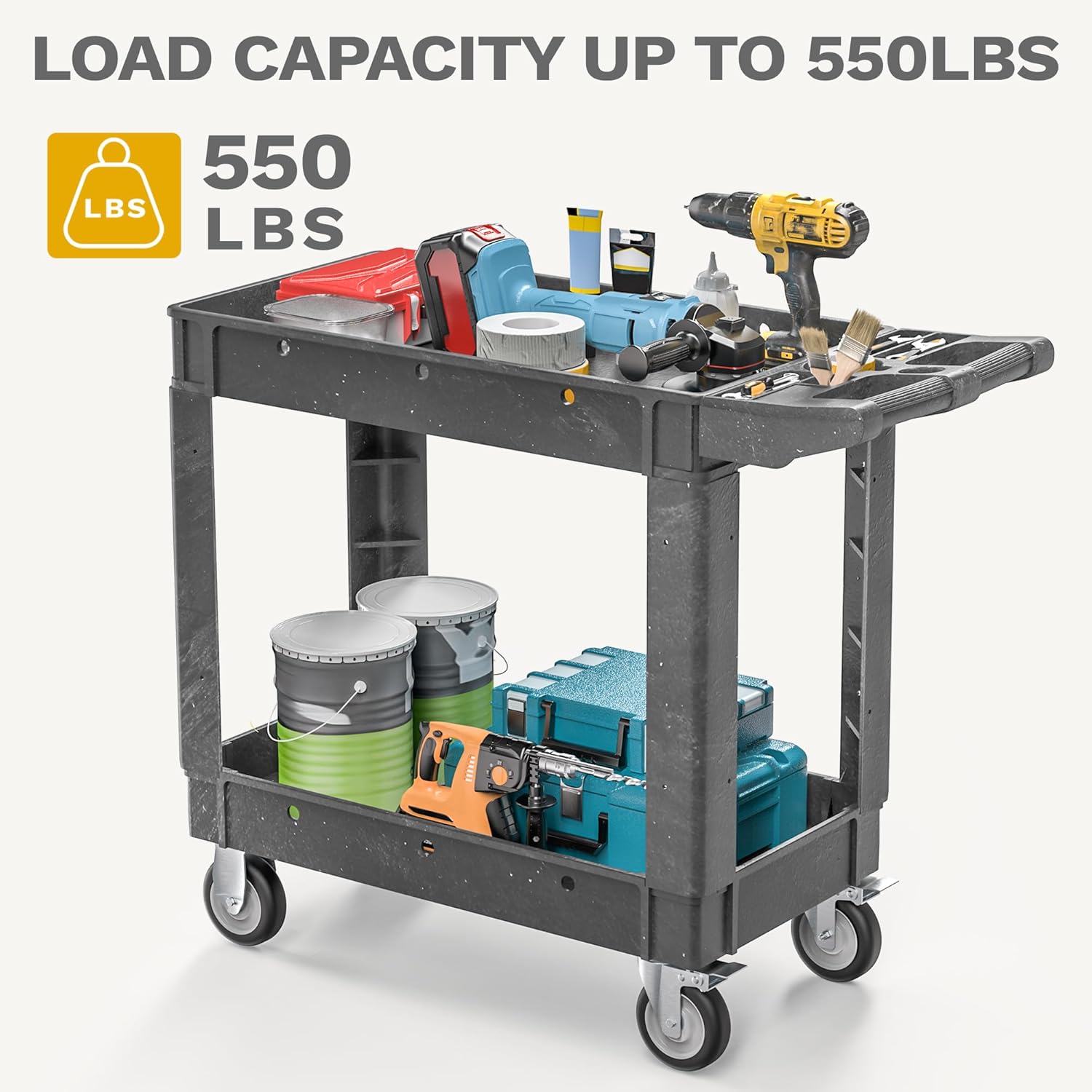 DWVO 2 Tier Utility Cart on Wheels, 550 lbs 2 Shelf Heavy Duty Plastic Rolling Carts, 40 x 17 in Plastic Tool Cart Work Cart with Locking Swivel Wheels & Handle for Warehouse Garage School & Office