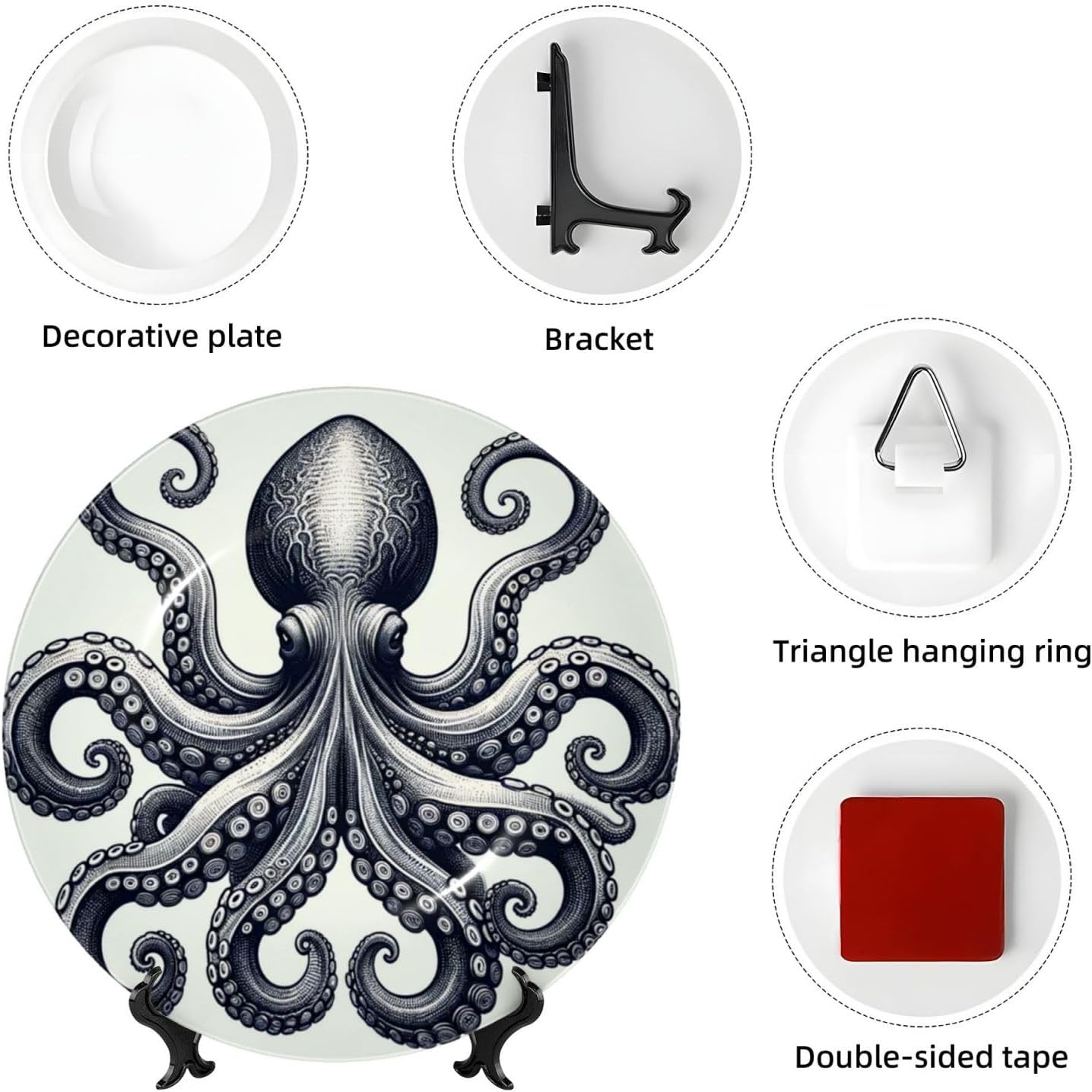 Black-Tentacles-Marine-Inkfish 10 Inch Decorative Plate With Stand, Elegant Display Wall Plate For Home Decor