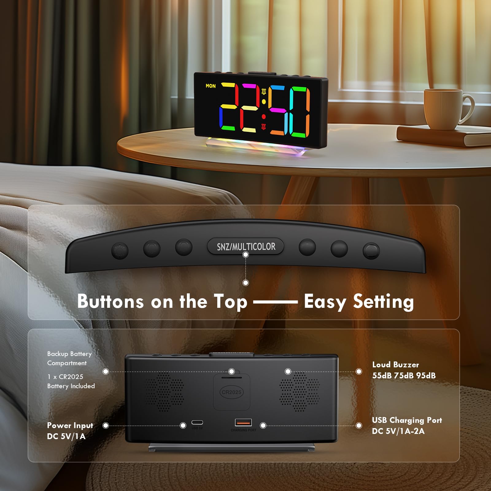 Sveglia da Comodino con Display Digitale a 8 Colori, Snooze, 2 Allarme, Luce Notturna RBG a 7 Colori,4 Livelli di Luminosità, Volume Regolabile, Nero